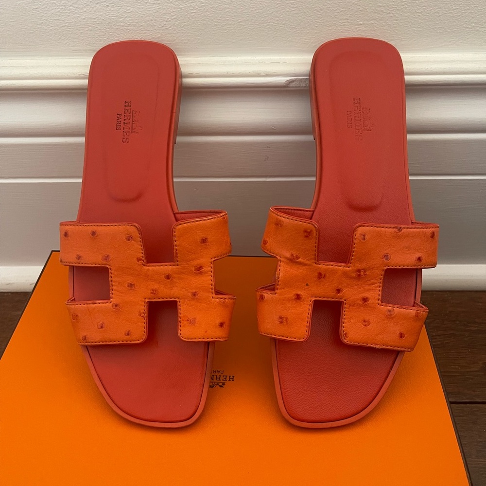 Hermes Oran sandal in color “Rouge Braise”